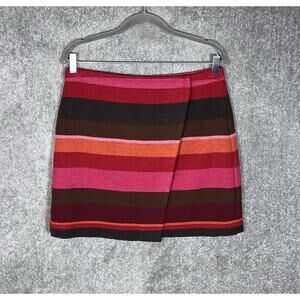 LOFT Wrap Skirt Womens Size 8 Pink Red Brown Orange Striped Lined Wool Blend‎